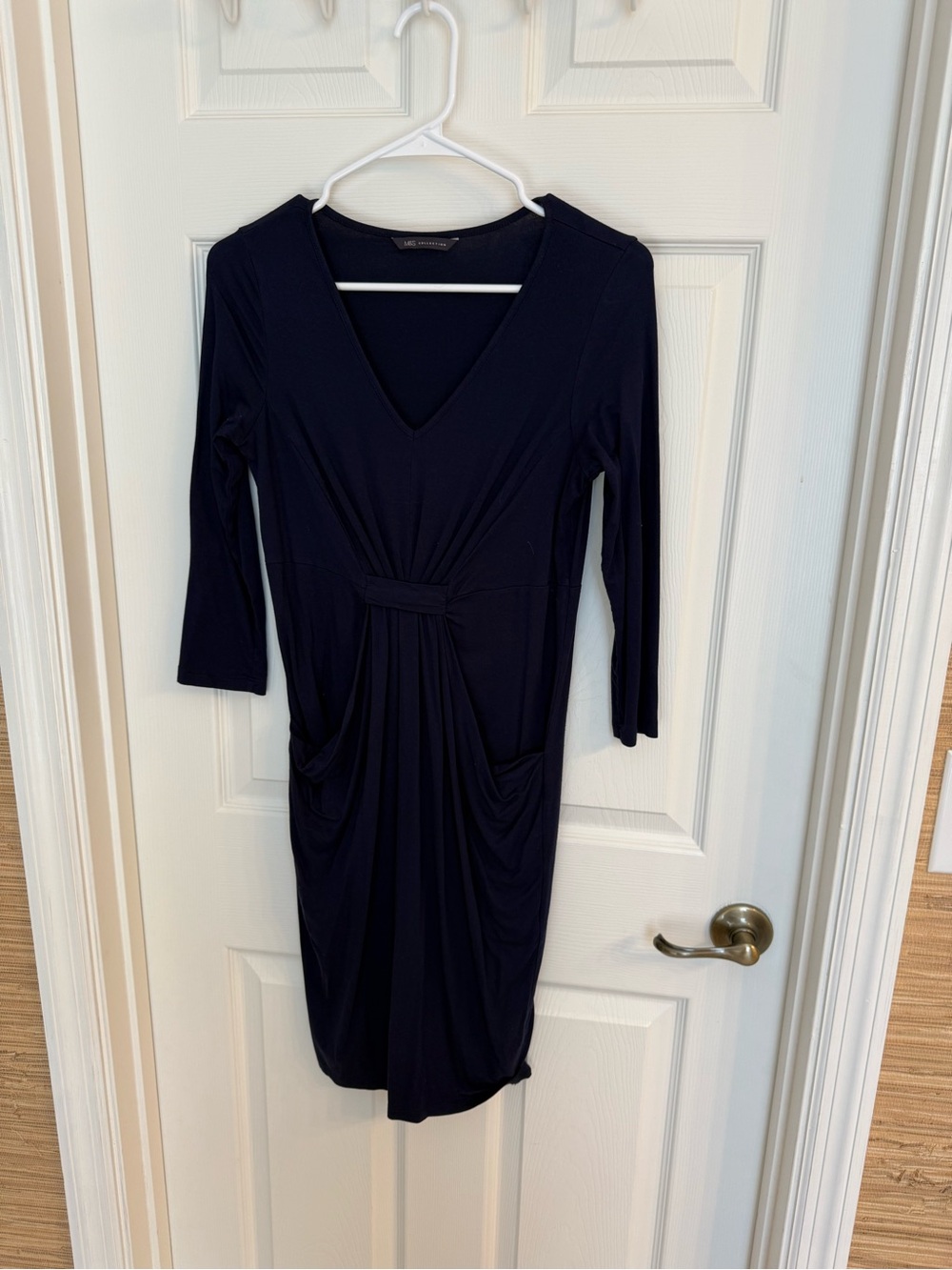 M&S Collection Classic V-Neck Navy Dress with Gathered Waist